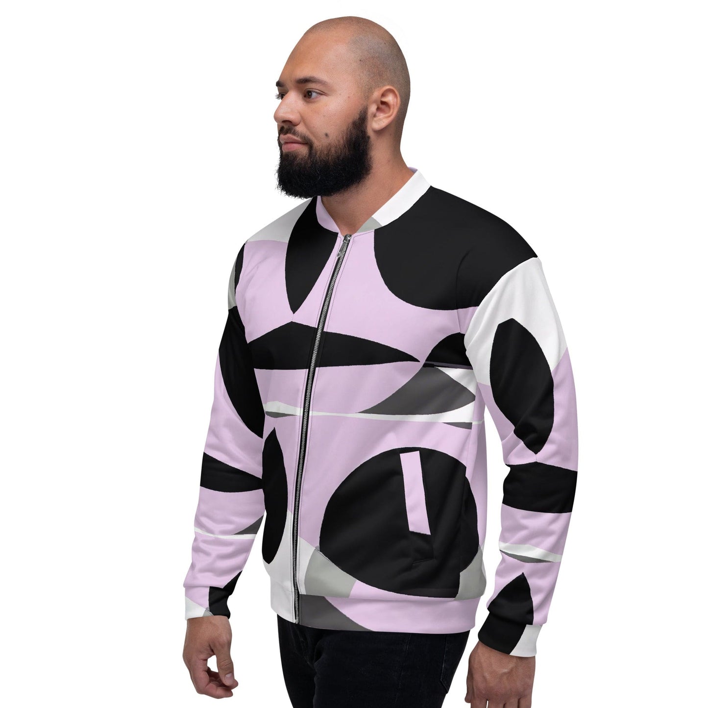 Mens Bomber Jacket - Geometric Lavender and Black Pattern 3